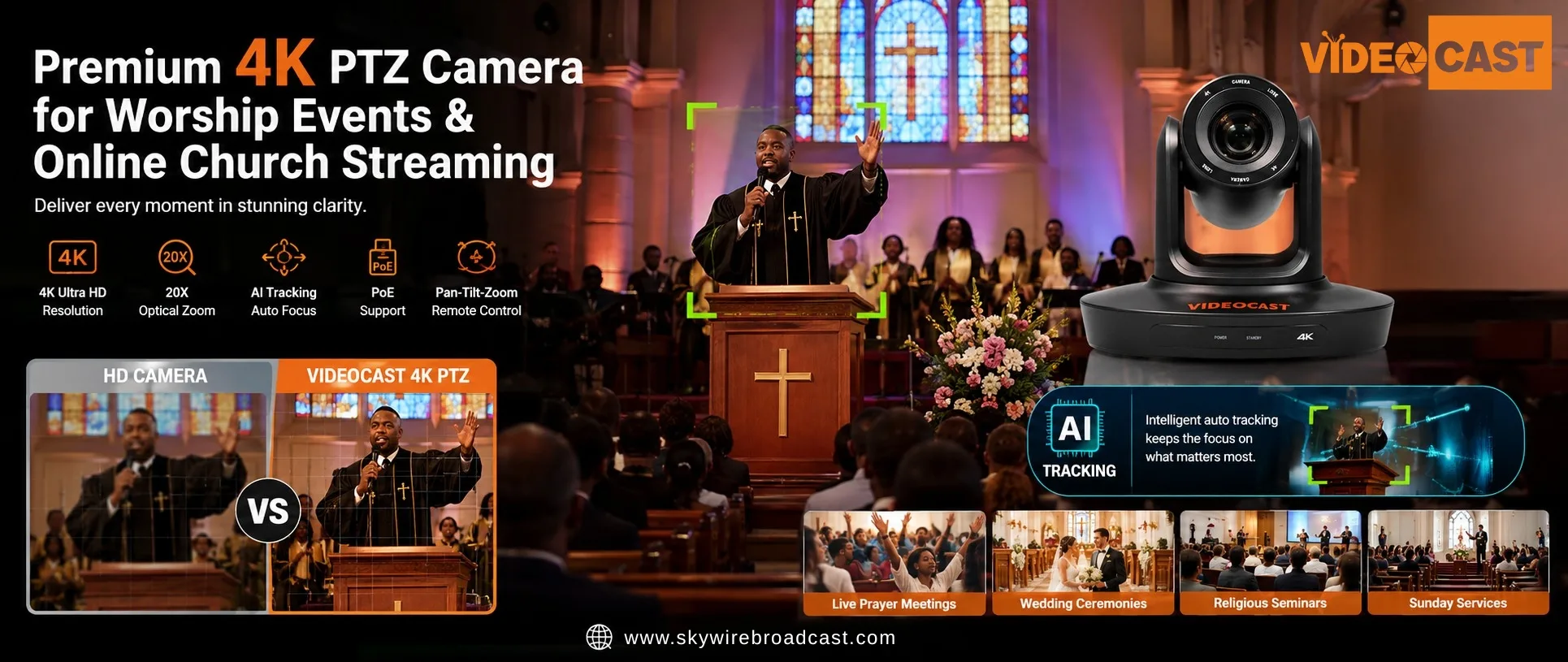 Advanced 4K PTZ Camera for Worship Streaming and House of Worship