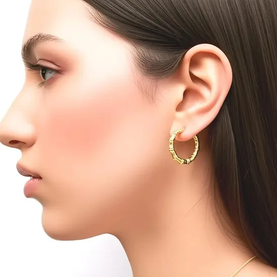 10K Real Yellow Gold Bamboo Hoop Earrings | Small 3/4" Textured Hoop Earrings for Women