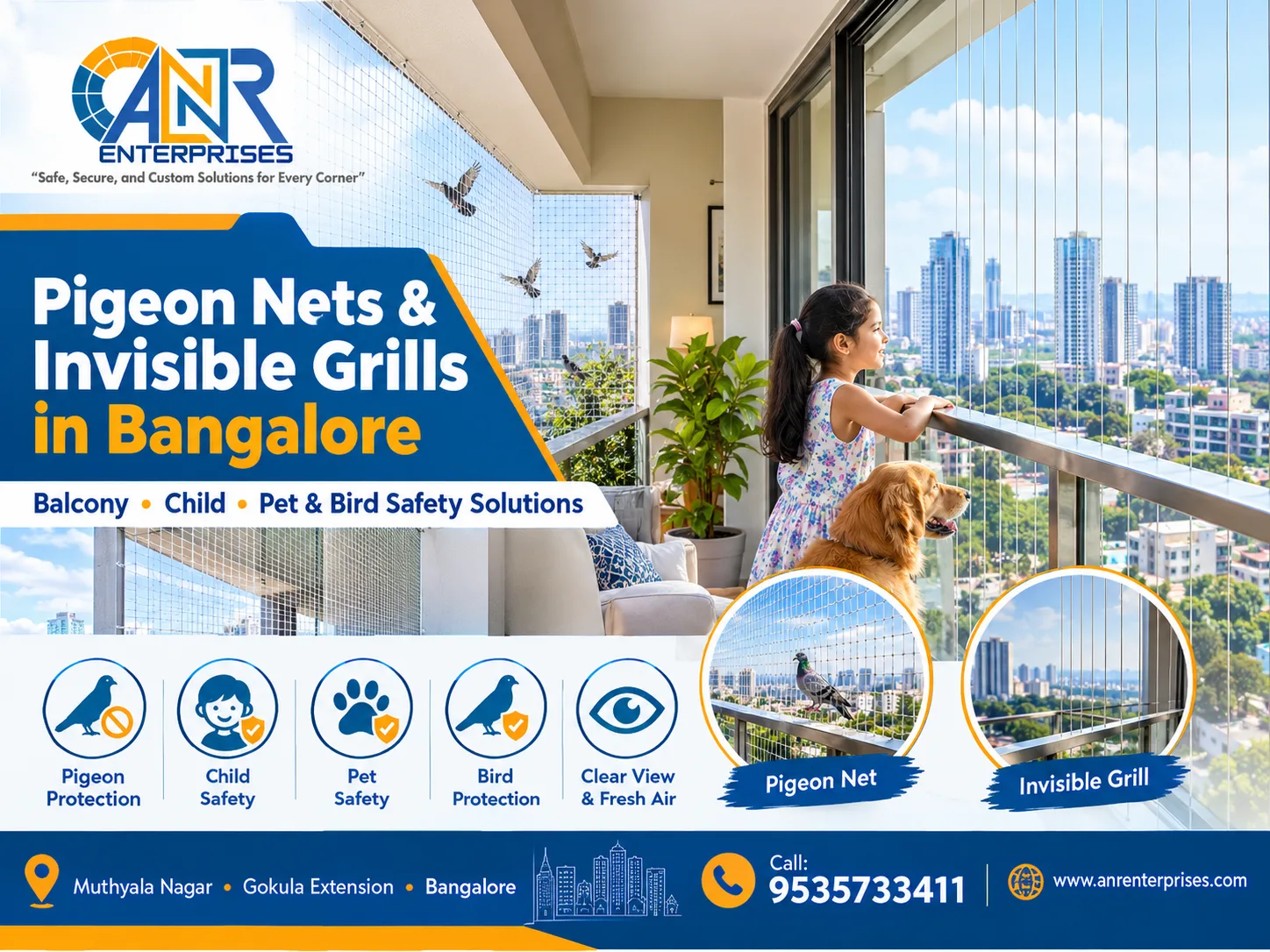Pigeon Nets and Invisible Grills in Bangalore Balcony, Child & Bird Safety Solutions