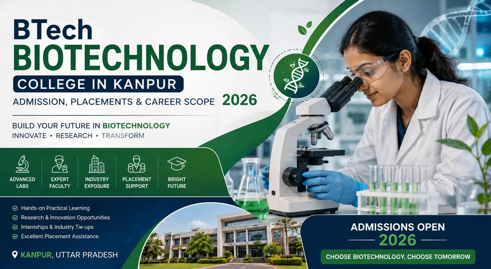 BTech Biotech College in Kanpur: Admission, Placements & Career Scope 2026