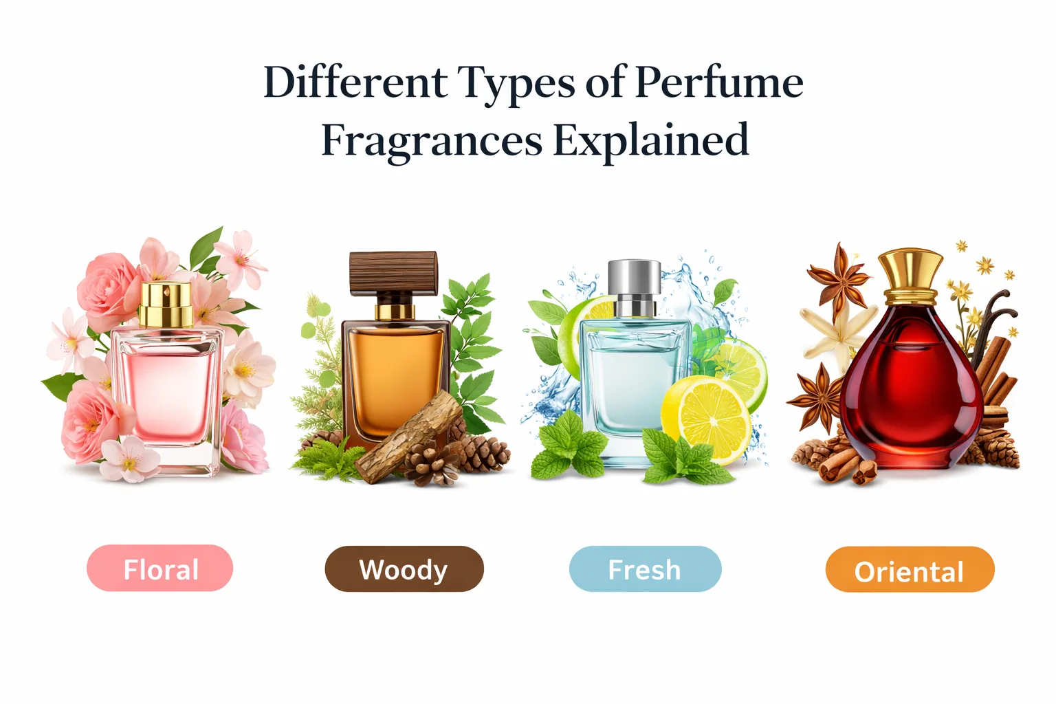 Different Types of Perfume Fragrances Explained: Floral, Woody, Fresh & Oriental