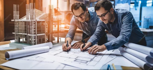 A group of men looking at a blueprint
AI-generated content may be incorrect.